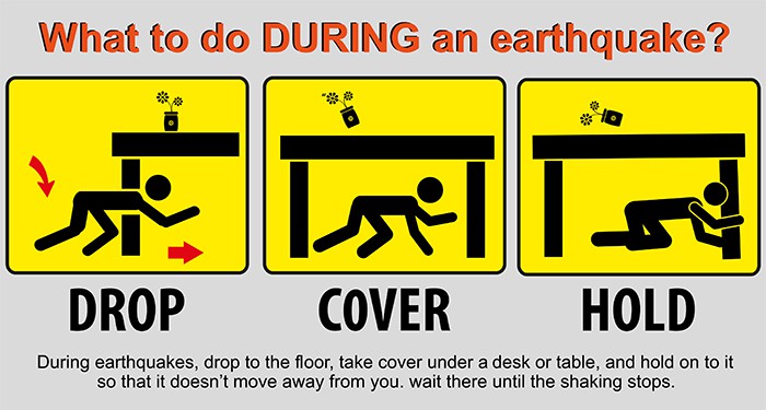 During an earthquake, drop to the ground, cover yourself with a table or desk, and then hold on until the ground stops moving.