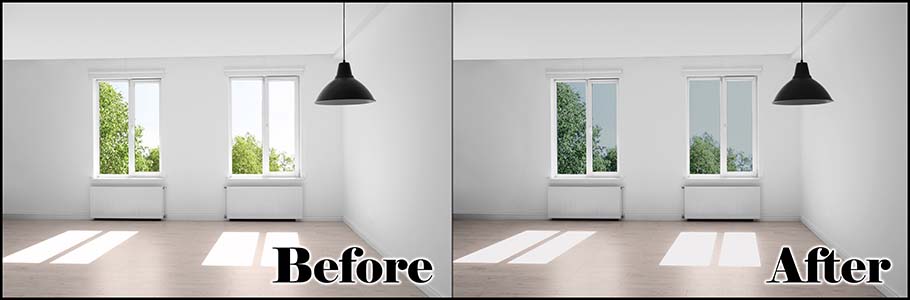 In this example, you can see the difference between windows with and without home window tinting.