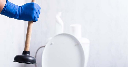 Image: a gloved hand holding a plunger with a toilet in the background.